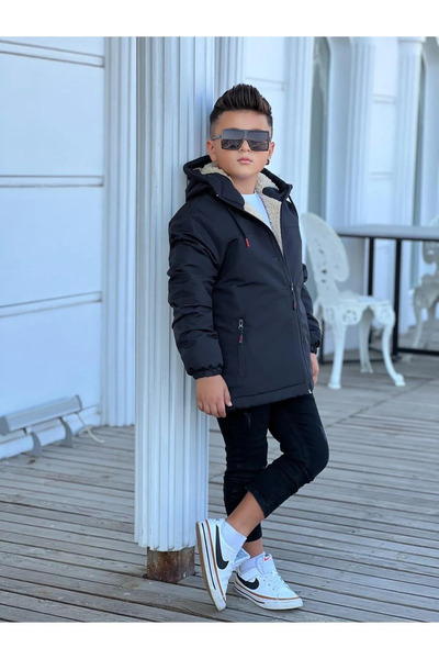 Pina Kids Erkek Çocuk Kürklü Çıkarılabilir Kapüşonlu Oversize Kışlık Mont KM4030