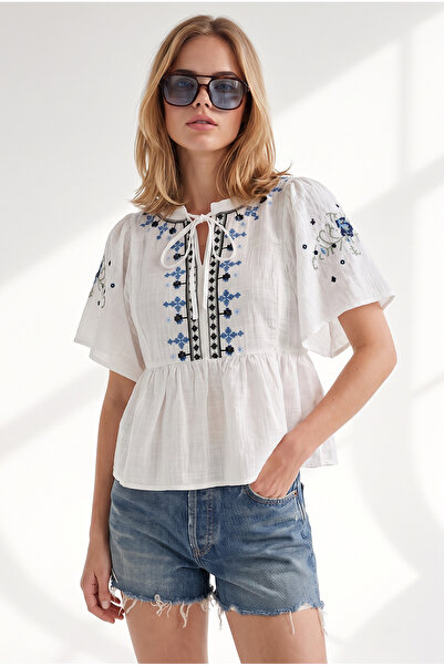 Olalook Women's White Embroidery Detailed Cotton Flam Blouse with Tie Detail ...