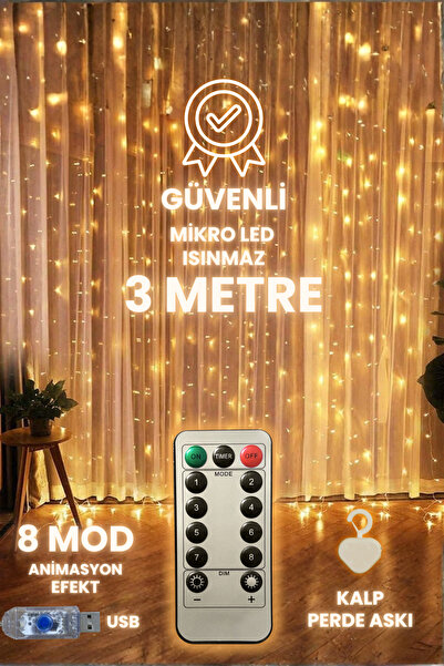 Folveit Kalp Askılı Kumandalı 8 Ayrı Moda Sahip 300X300Cm Perde 300 Led 10 Sa...