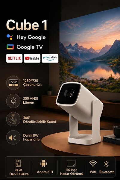 wanbo Cube 1 WiFi ve Bluetooth Özellikli Projektör, Google Sesli Kontrol