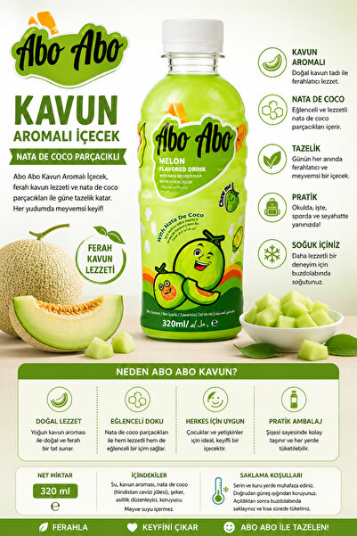ABO Kavun Aromalı İçecek Nata De Coco Parçacıklı 320 ml X 24 Adet