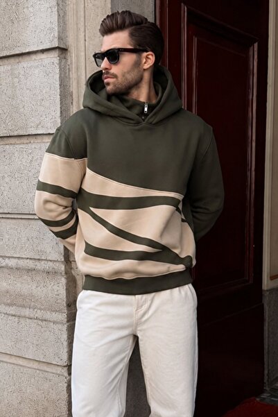 Madmext Khaki Hooded Zipper Collar Patterned Men's Sweatshirt E7162