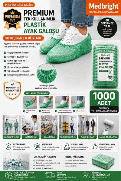 MEDBRIGHT 1000li Yeşil Galoş Tek Kullanımlık Ayakkabı Kılıf Kaymaz Yağmur Su ...