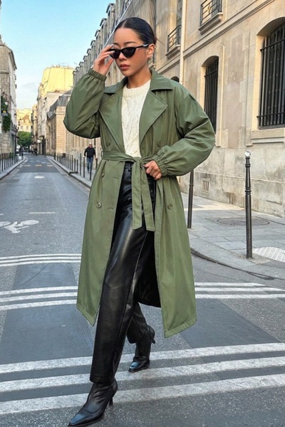 comstar Women's Waist-Tied Balloon Sleeve Trench