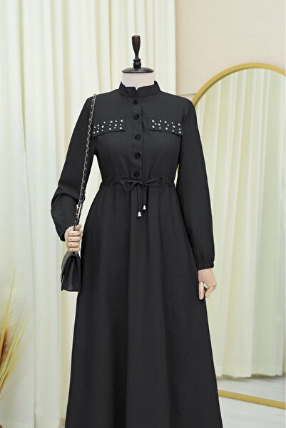 Modamorfo Dress with Stone Pockets, Tie Waist, and Elastic Sleeves - Black
