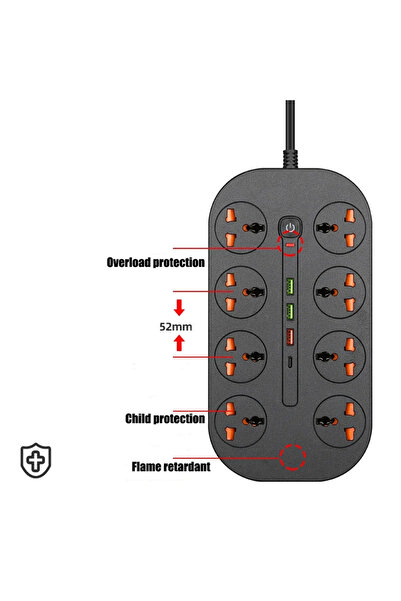 Choice8 شريط طاقة عالمي AU T22-BLACK مع منفذ USB من نوع C، مقبس متعدد الاستخد...
