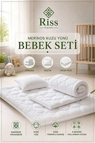 Riss Tekstil %100 Yün Dolgulu Bebek Uyku Seti Yün Yorgan + Yün Yatak Pedi + Y...
