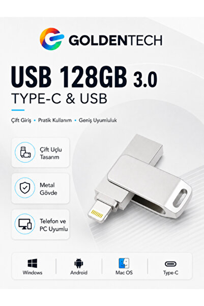 Golden Tech 128 GB 3.0 OTG Flash Bellek Iphone - Pc Uyumlu Otg Flash Usb Data...