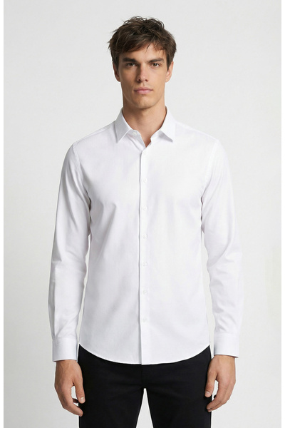 Network Slim Fit Beyaz Lycralı Cotton Petek Desen Gömlek
