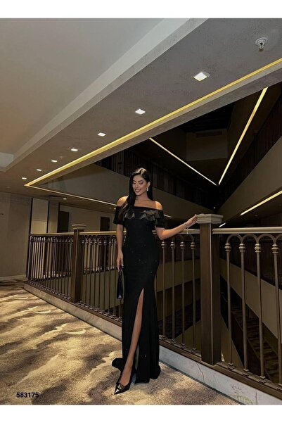Modafeminen Glitter Off Shoulder Ruffle Slit Detail Evening Dress Black 583175