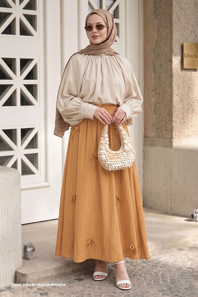 InStyle Fiyonk Detay Beli Lastikli Camel Etek