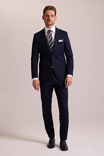 Ysf Erkek Lacivert Slim Fit Yünlü Likralı Mono Yaka Takım Elbise