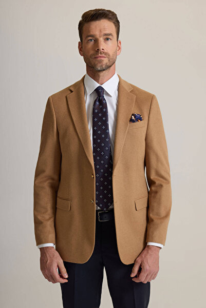 Ysf Erkek Camel Regular Fit Mono Yaka Puntolu Yün-Kaşmir Karışımlı Blazer Ceket