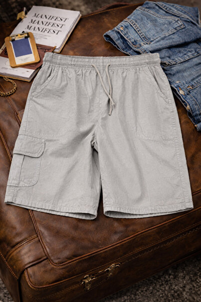 DAMGA JEANS Men's Stylish Trendy Loose Cargo Pocket Gray Linen Shorts