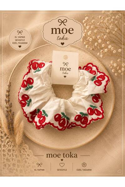 Mevohome Kadın Beyaz Kiraz Nakışlı Scrunchie Saç Tokası - Fırfırlı Fistolu Lü...