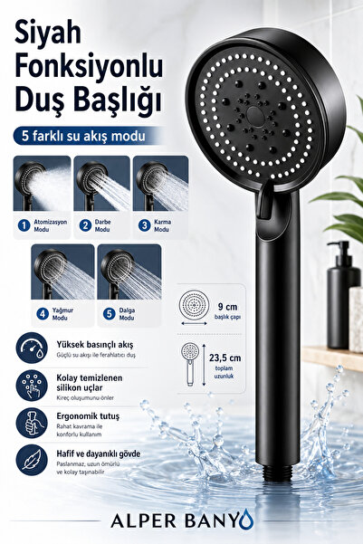 Alper Banyo Siyah Kobra Duş Başlığı – Yüksek Basınçlı, Su Tasarruflu, Ayarlan...