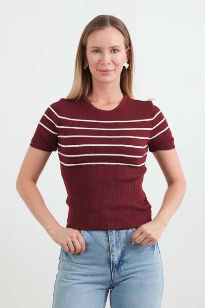 Fulla Moda Μπλούζα πλεκτή με ριγέ κορδόνι με λαιμόκοψη