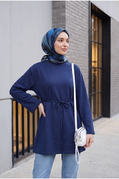Modamorfo Round Neck Tie-Waist Combed Cotton Tunic - Navy Blue