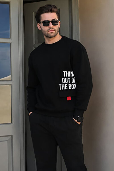 Madmext Black Crew Neck Raised Pocket Detailed Printed Men's Sweatshirt 7061