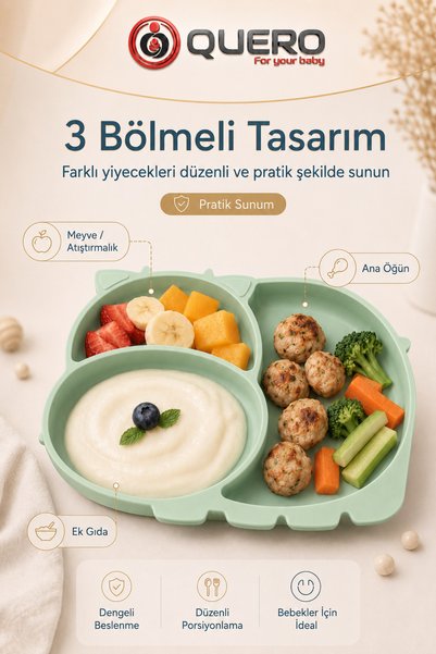Quero Silicone Vacuum Divided Food Plate, Baby Food Plate, Vacuum Baby Kids Food Plate, 3 Compartment Food Plate