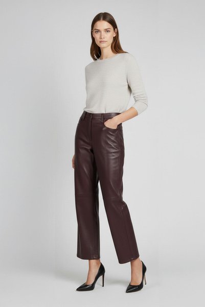 Deriderim Burgundy Nora Genuine Leather Wide Leg Women's Trousers