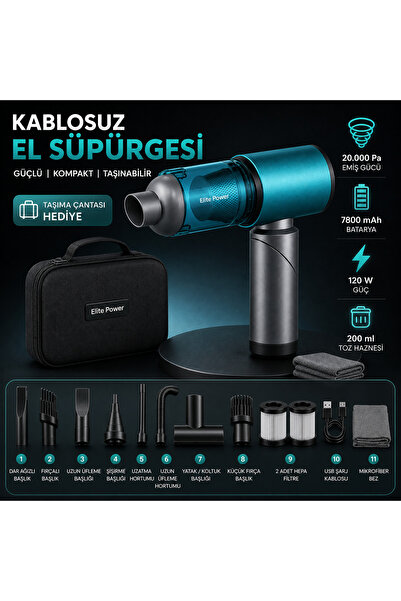 SMAYLİNG 20.000 Pa Kablosuz Araç Süpürgesi 120W Güçlü Emiş 7800 mAh Şarjlı El...