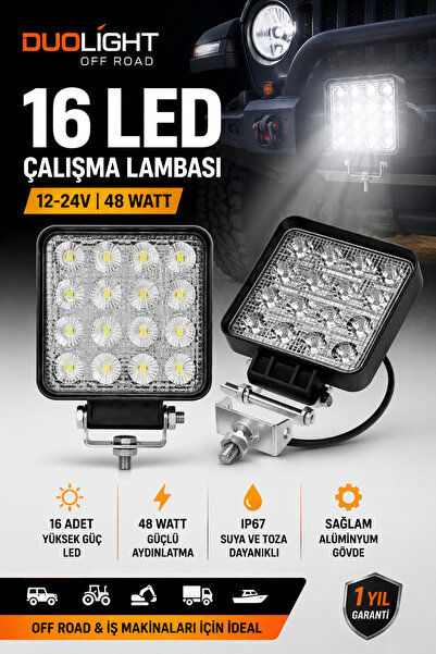 DuoLight Off Road Beyaz Işık Sis Farı Lambası 16 Led Kare 12-24v 48 Watt Tekn...