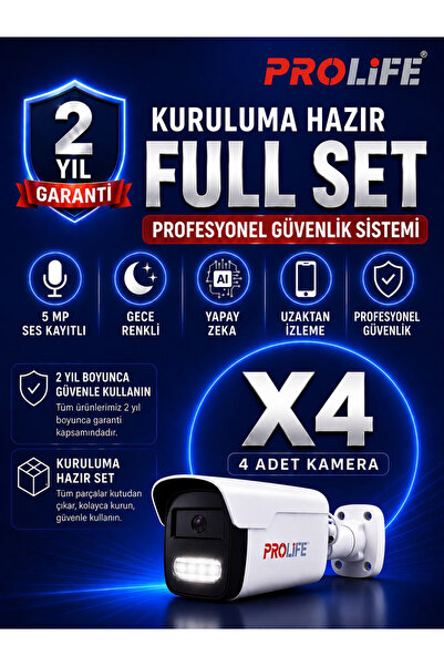 PROLİFE 4 Lü Sesli Güvenlik Kamerası 5 Mp Gece Renkli Yüz Ve Araç Tanımalı Fu...