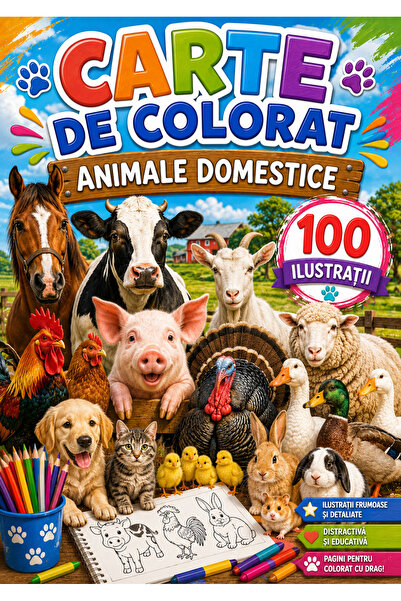 ABC Carte de Colorat cu Animale Domestice de Curte 100 Pagini A4