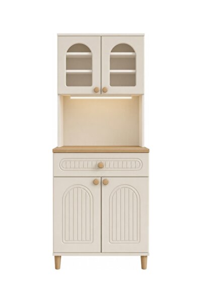 UPSTYLE Barista LED Aydınlatmalı Kahve Köşesi Dolabı Retro Büfe 195cm MDF Krem