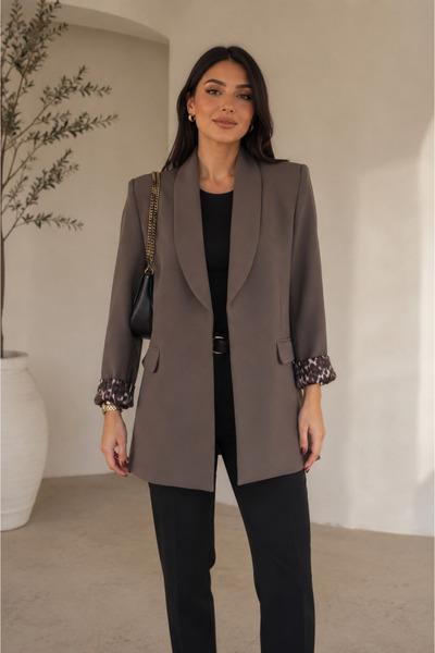 Vizon Collection Şal Yaka, Leopar Astar Detaylı Kahverengi Blazer