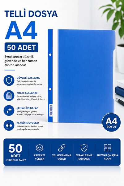Fiyper Fiyat Performans Ürünleri A4 Mavi Telli Dosya 50'li Paket Şeffaf Ön Ka...