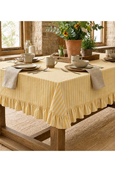 HOME ART ATELIER hand made Sarı Çizgili Fırfırlı Masa Örtüsü - Premium Keten ...