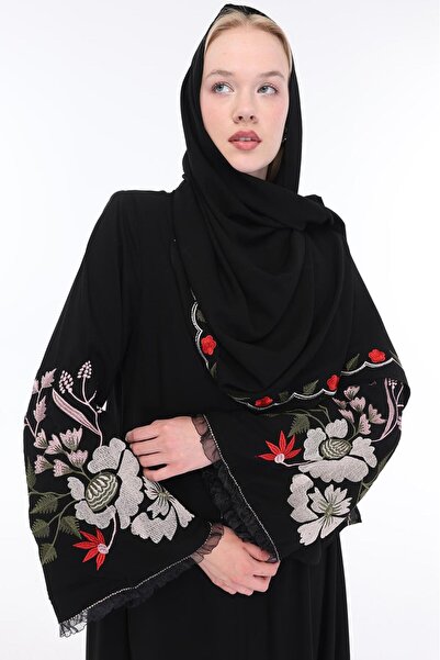TAGMASS Kırmızı Çiçekli Krep Kumaşından Özel Tasarımlı Abaya (3 PARÇA) 1 Siya...