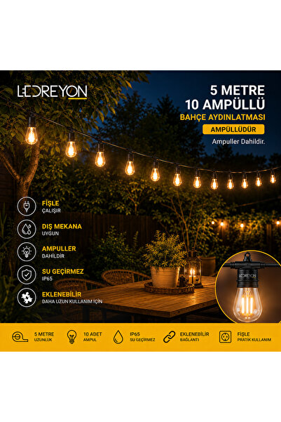 LEDREYON 5 Metre Ampuller Dahil 10 Duylu Dış Mekan Bahçe Aydınlatma Dekoratif...