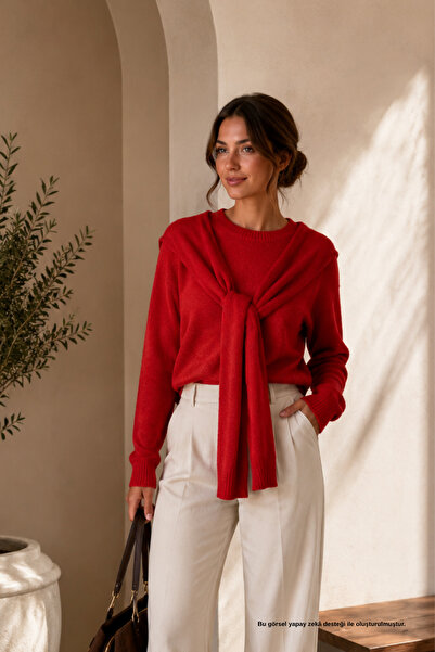 Rhen Store Red Crew Neck Soft Textured Shawl Detail Knitwear Sweater