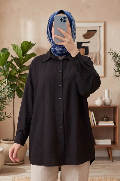 Modestim Tesettür Kadın Siyah Çilek Kumaş Trend Tesettür Tunik Düğmeli 78 CM ...