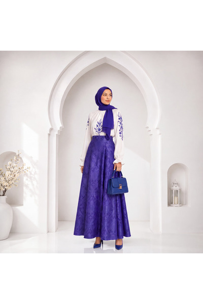 Muslima Wear Falda Isabella Saks Mor Oryantal Çiçek ve Yakut Desenli Çift Ast...