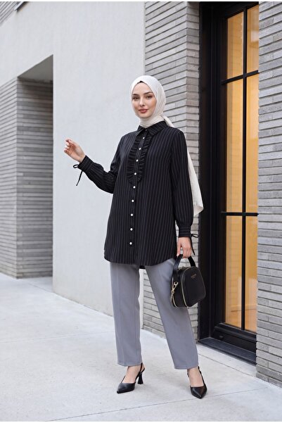 Modamorfo Striped Shirt Tunic with Ruffles on the Front and Laced Sleeves - B...