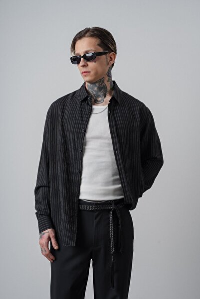 Respire Men's Rs Embroidered Striped Long Sleeve Oversized Shirt Black