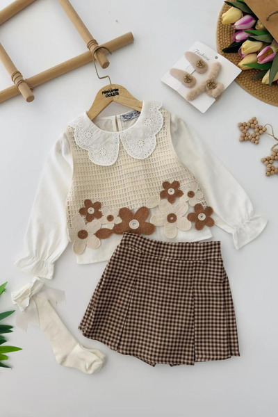 Minigimin Cicileri My Little One's Daisy Detailed Sweater Set for Girls - Brown