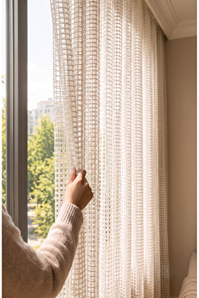 istper Cream Mesh Knitted Tulle Curtain I Heavy Weight I 1/3 Sik Pile I Wrink...