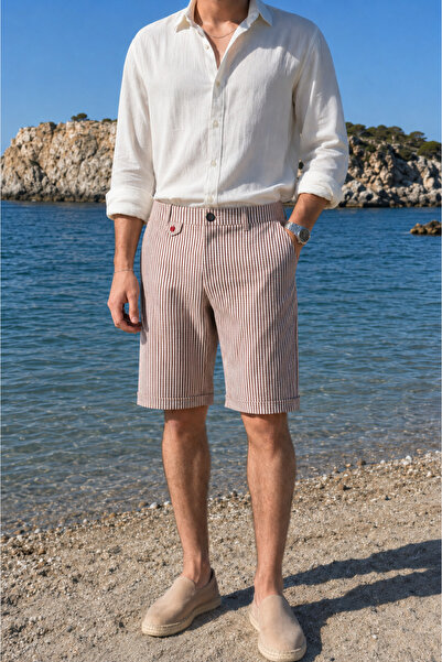inpool Men's White-Burgundy Slim Fit Seersucker Striped Casual Stretch Shorts...
