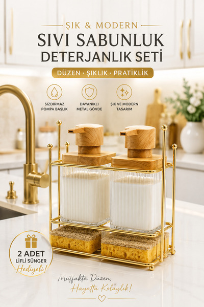 grimorlife Gold Metal Stand, Wooden Detailed Dishwashing Detergent and Transp...