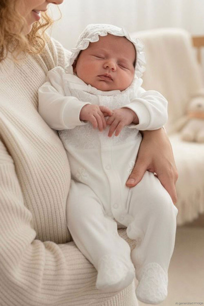 Breeze Kız Bebek Patikli Tulum Dantel Detaylı Çiçek Nakışlı 0-6 Ay, Ekru