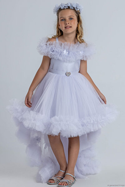 MONİTA Girl's Evening Dress with 3D Flower Applique and Stone Heart Accessory...