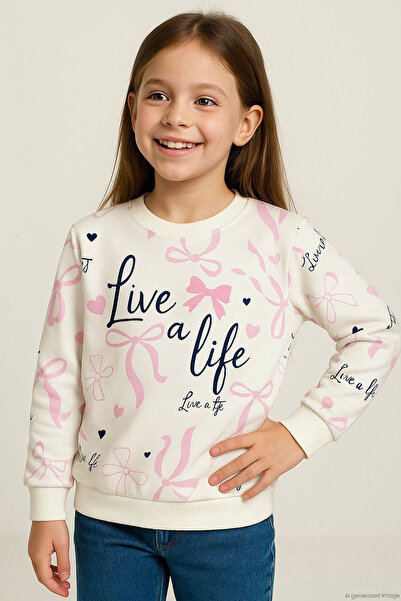 Breeze Girl's Sweatshirt Bow & Heart Printed 3-8 Years, Ecru