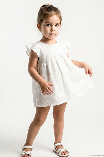 Breeze Baby Girl Bodysuit Dress with Floral Embroidery, 6 Months-2 Years, Ecru