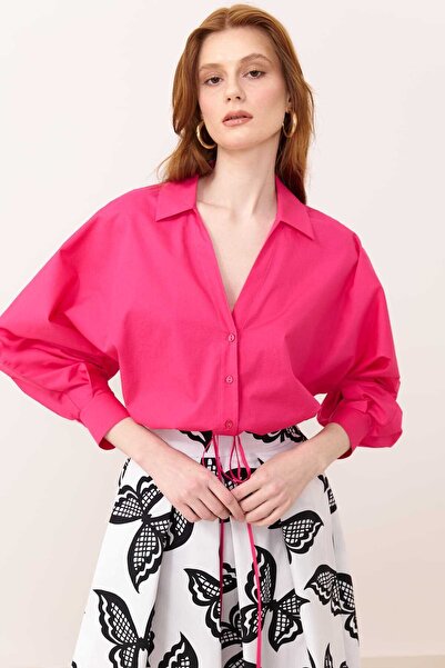 Roman Beli Büzgülü Crop Poplin Gömlek Fuşya Y2413522_003