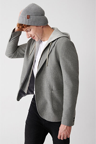 Avva Men's Gray Removable Hooded Wool Jacket A32Y4017
